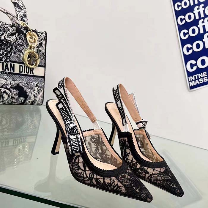 Dior Women CD J’Adior Slingback Pump Transparent Mesh Embroidered Black Butterfly Motif Reference: KCV039BYE_S900