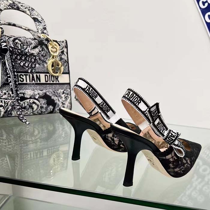 Dior Women CD J’Adior Slingback Pump Transparent Mesh Embroidered Black Butterfly Motif Reference: KCV039BYE_S900