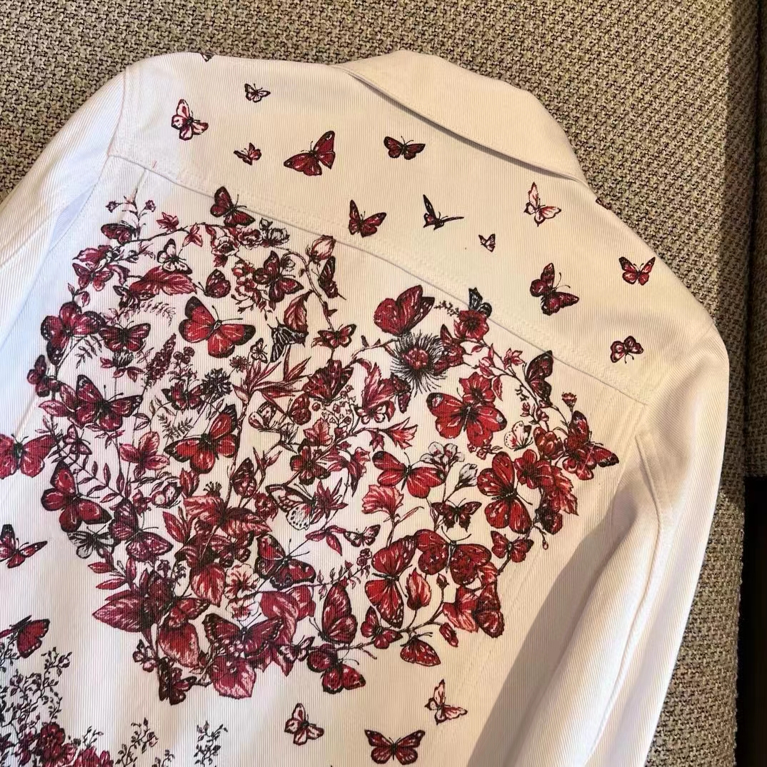 Dior Women CD Jacket White Cotton Denim Red Le Cœur Des Papillons