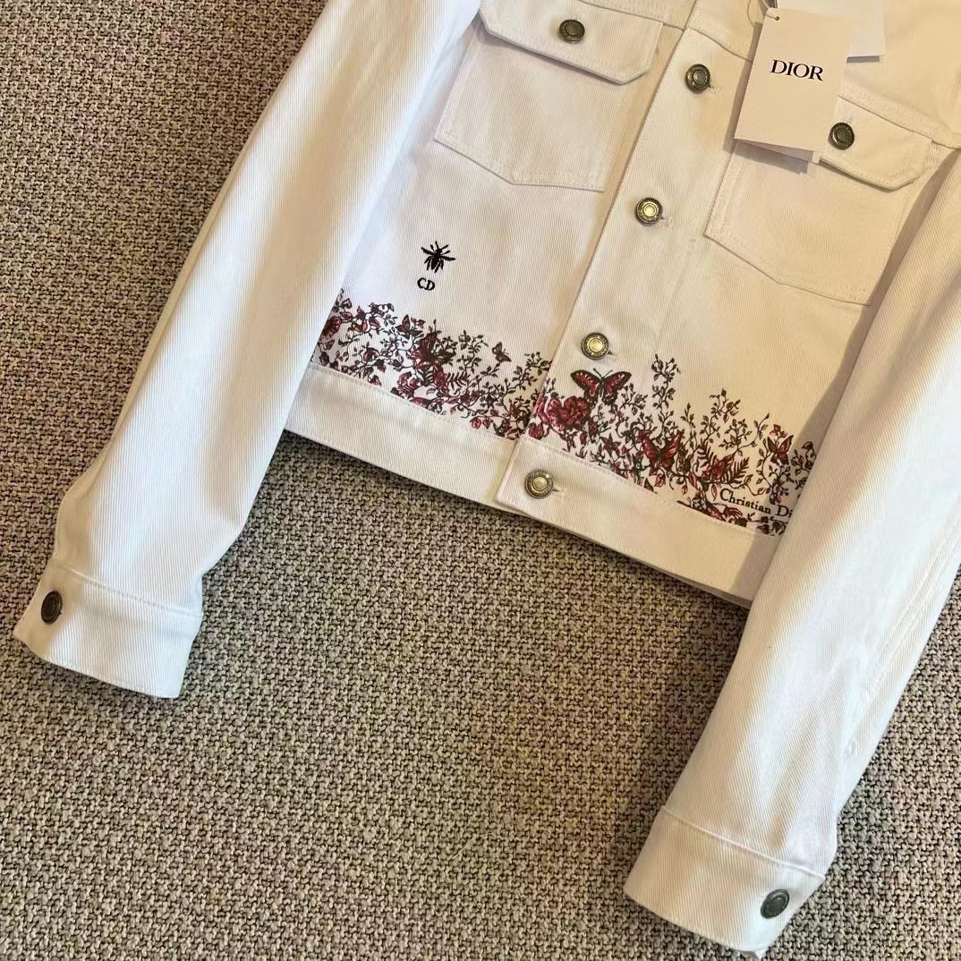 Dior Women CD Jacket White Cotton Denim Red Le Cœur Des Papillons