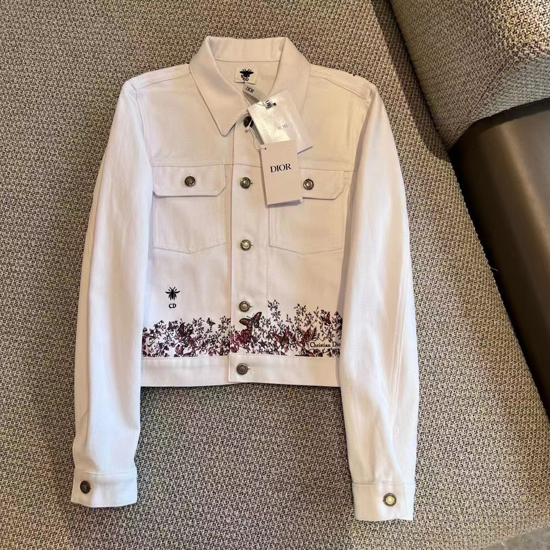 Dior Women CD Jacket White Cotton Denim Red Le Cœur Des Papillons