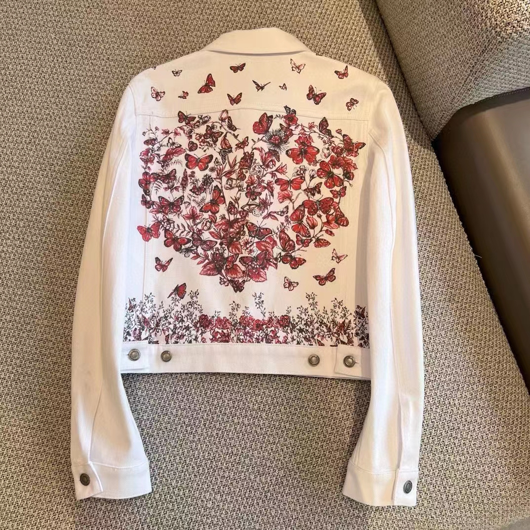 Dior Women CD Jacket White Cotton Denim Red Le Cœur Des Papillons