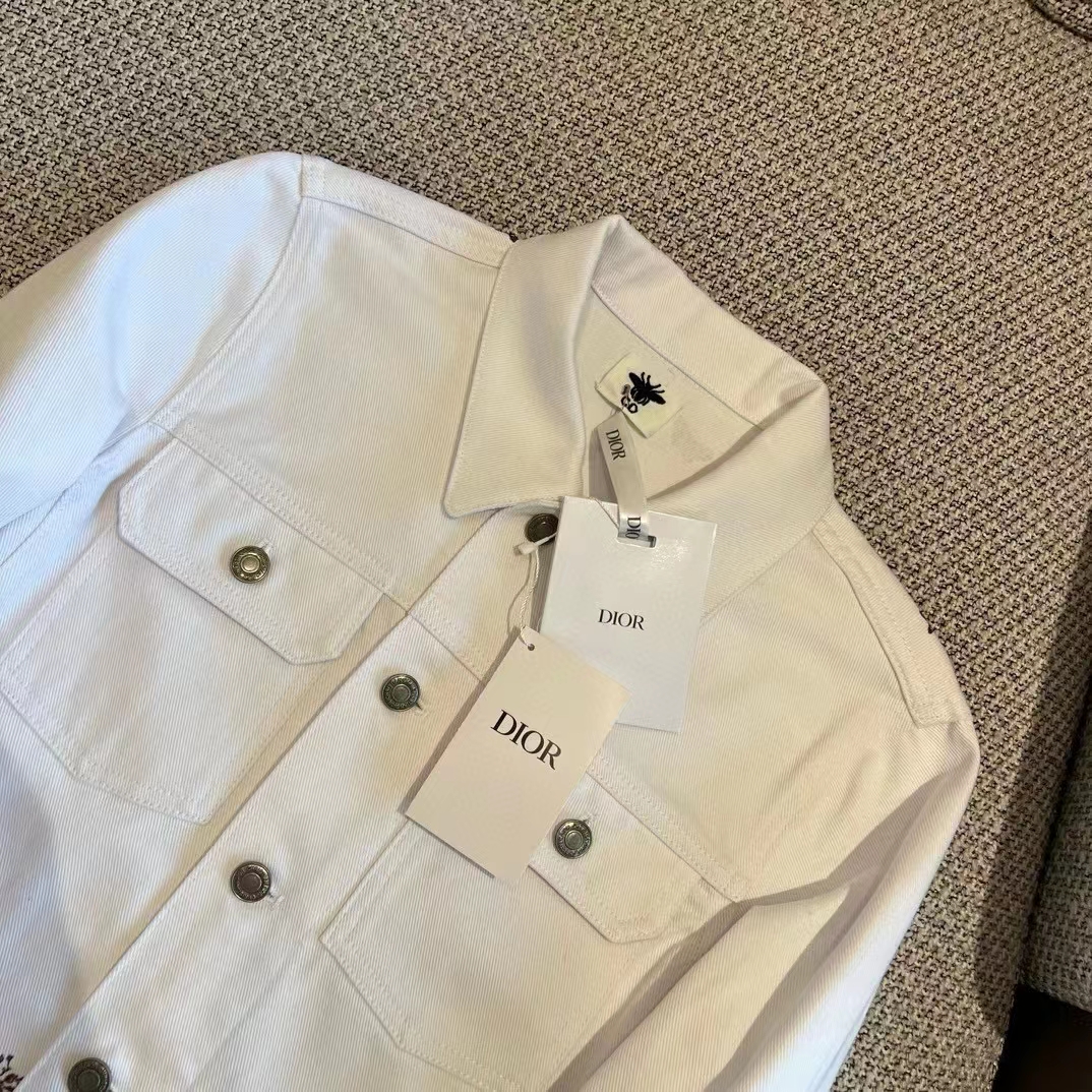 Dior Women CD Jacket White Cotton Denim Red Le Cœur Des Papillons