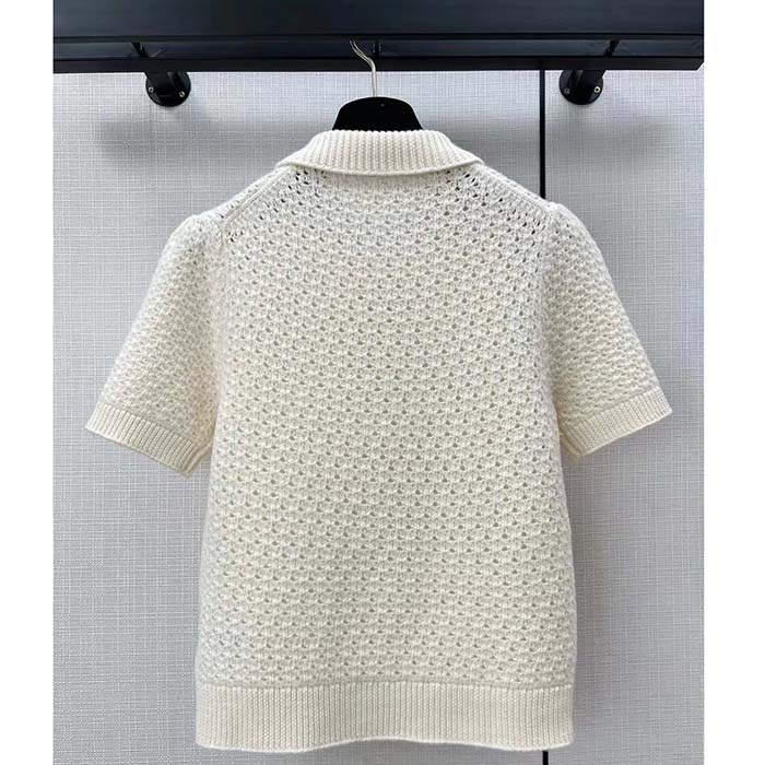 Dior Women CD Macrocannage Polo Shirt Ecru Alpaca Cashmere Silk Openwork Knit