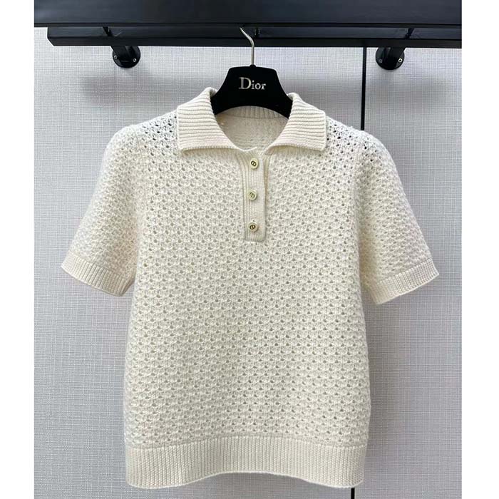 Dior Women CD Macrocannage Polo Shirt Ecru Alpaca Cashmere Silk Openwork Knit