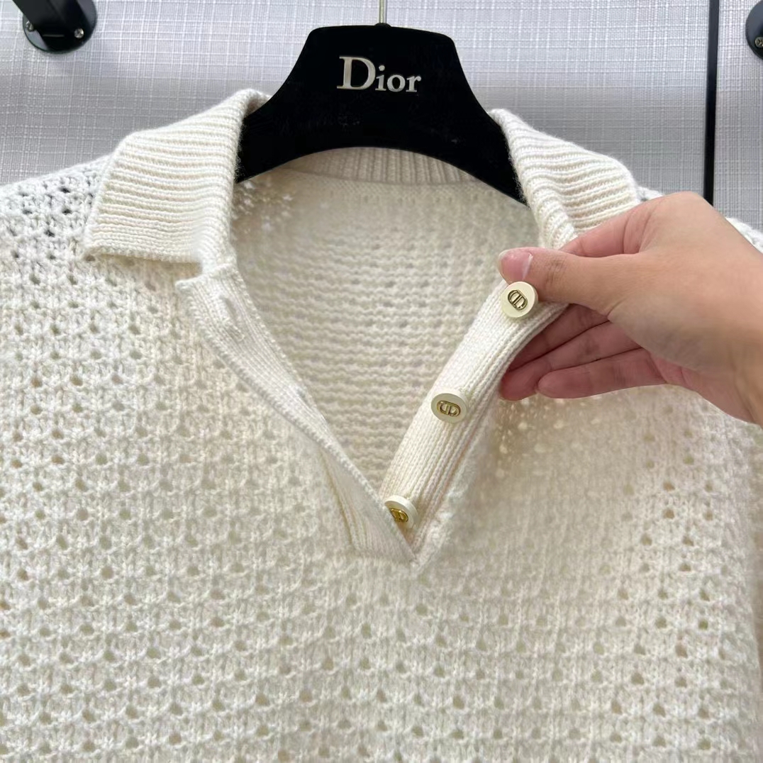 Dior Women CD Macrocannage Polo Shirt Ecru Alpaca Cashmere Silk Openwork Knit
