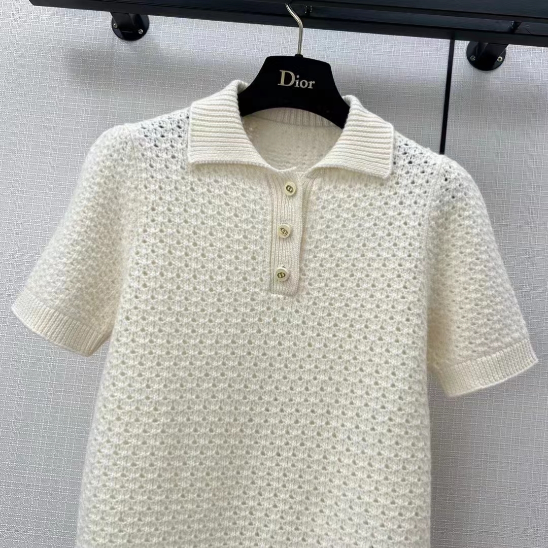 Dior Women CD Macrocannage Polo Shirt Ecru Alpaca Cashmere Silk Openwork Knit