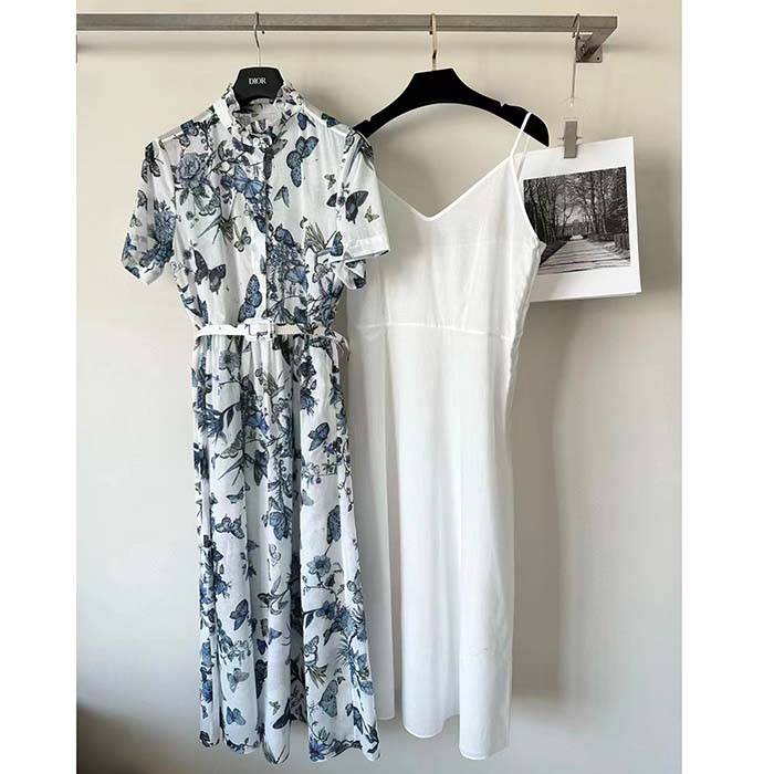 Dior Women CD Mid-Length Shirt Dress White Blue Cotton Voile