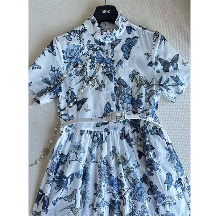 Dior Women CD Mid-Length Shirt Dress White Blue Cotton Voile