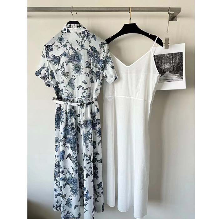 Dior Women CD Mid-Length Shirt Dress White Blue Cotton Voile
