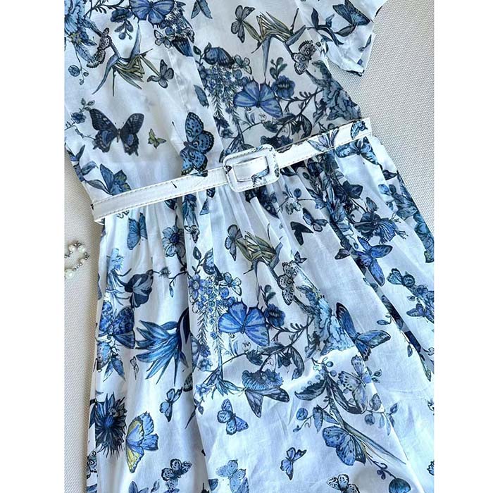 Dior Women CD Mid-Length Shirt Dress White Blue Cotton Voile