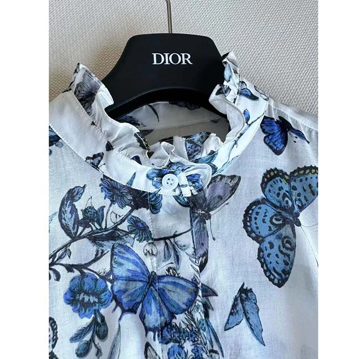 Dior Women CD Mid-Length Shirt Dress White Blue Cotton Voile