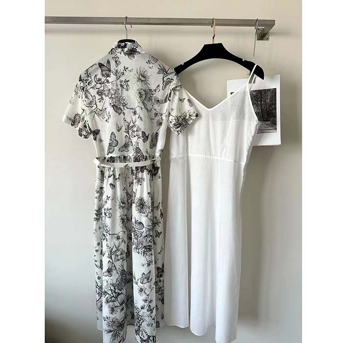 Dior Women CD Mid-Length Shirt Dress White Pink Cotton Voile