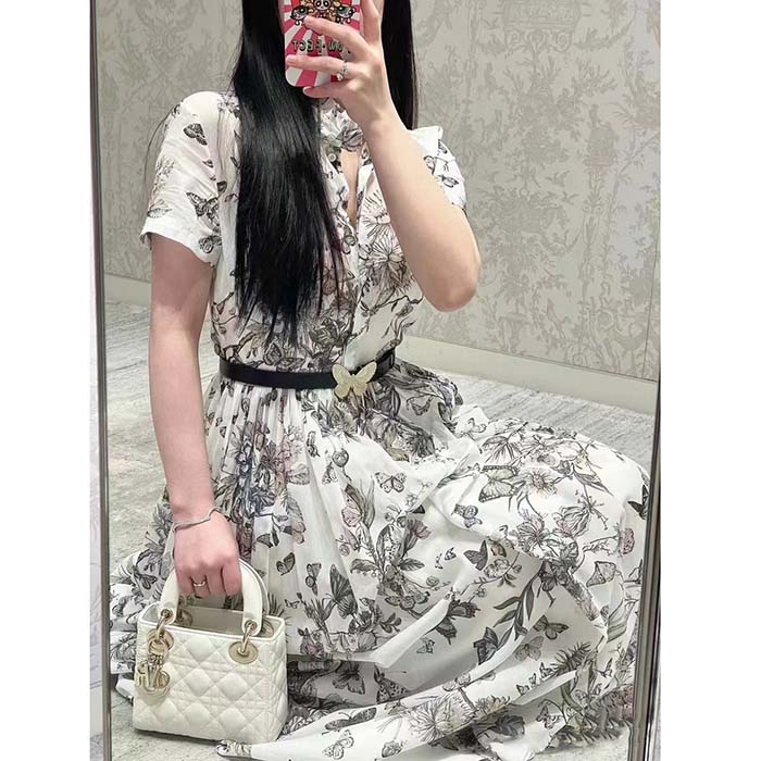 Dior Women CD Mid-Length Shirt Dress White Pink Cotton Voile