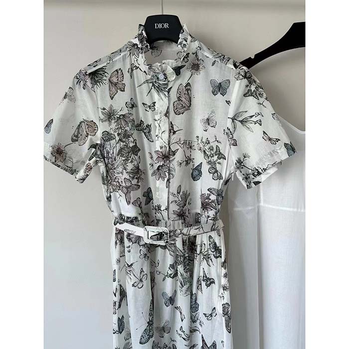 Dior Women CD Mid-Length Shirt Dress White Pink Cotton Voile