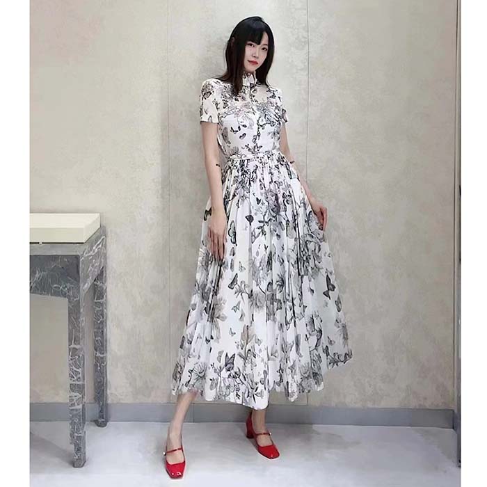 Dior Women CD Mid-Length Shirt Dress White Pink Cotton Voile