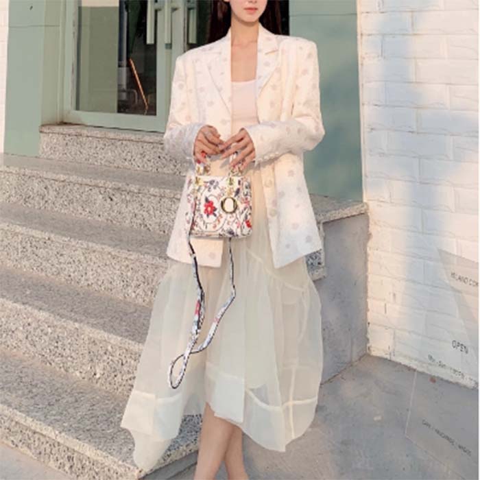 Dior Women CD Mini Lady Dior Bag White Multicolor Calfskin Chinese Rose Print Embroidery