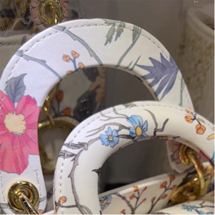 Dior Women CD Mini Lady Dior Bag White Multicolor Calfskin Chinese Rose Print Embroidery