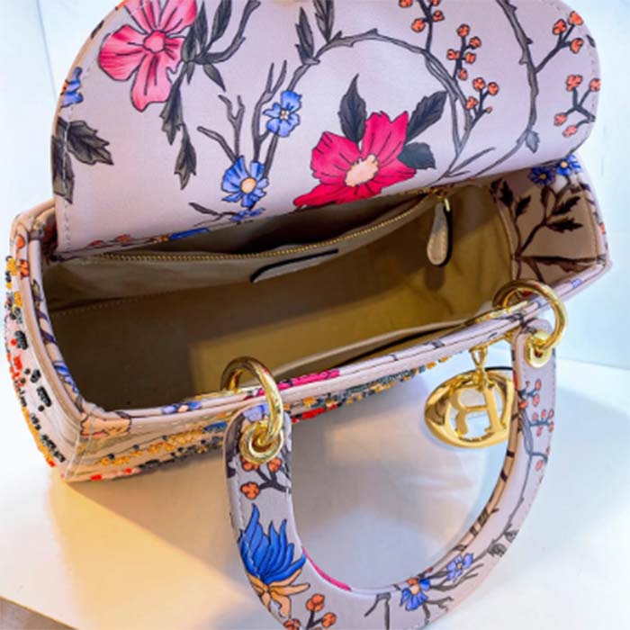 Dior Women CD Mini Lady Dior Bag White Multicolor Calfskin Chinese Rose Print Embroidery