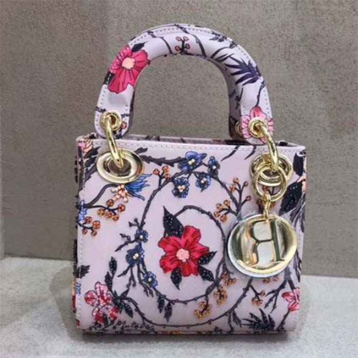 Dior Women CD Mini Lady Dior Bag White Multicolor Calfskin Chinese Rose Print Embroidery