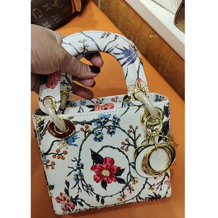 Dior Women CD Mini Lady Dior Bag White Multicolor Calfskin Chinese Rose Print Embroidery