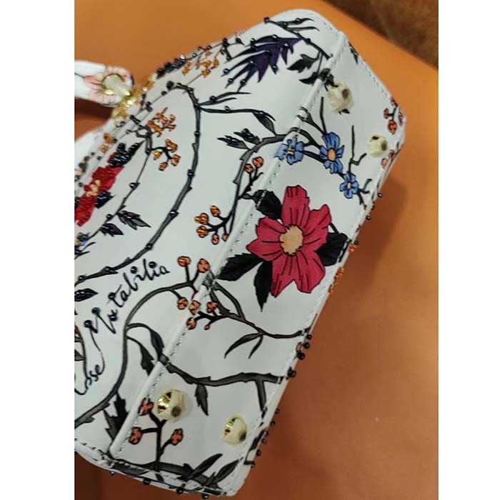 Dior Women CD Mini Lady Dior Bag White Multicolor Calfskin Chinese Rose Print Embroidery