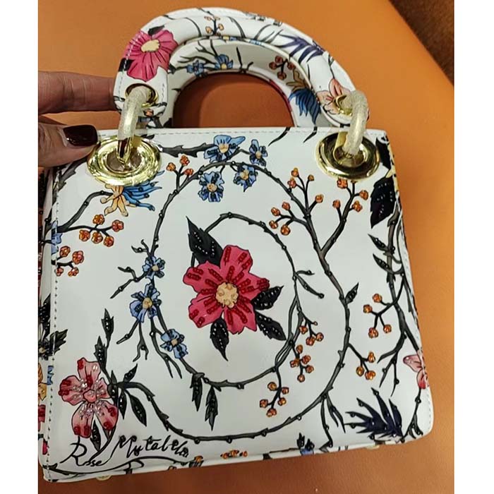 Dior Women CD Mini Lady Dior Bag White Multicolor Calfskin Chinese Rose Print Embroidery