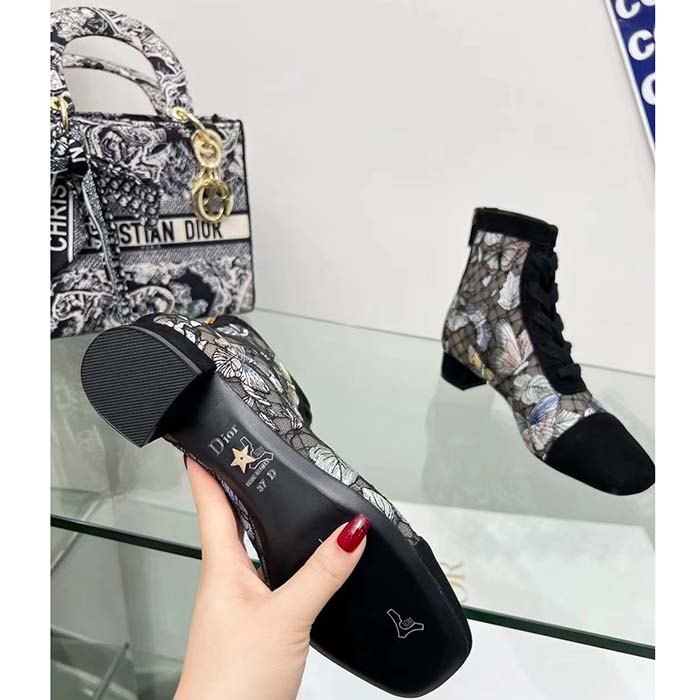 Dior Women CD Naughtily-D Ankle Boot Mesh Embroidered Black Butterfly Metallic Thread Suede Calfskin KCI979BMT_S26X