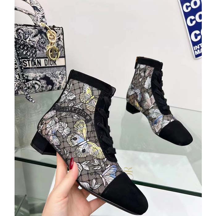 Dior Women CD Naughtily-D Ankle Boot Mesh Embroidered Black Butterfly Metallic Thread Suede Calfskin KCI979BMT_S26X