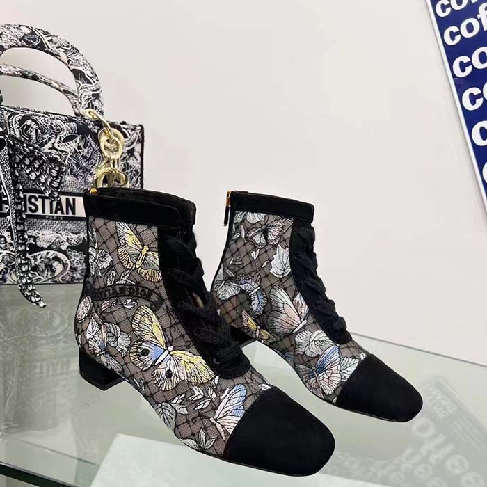 Dior Women CD Naughtily-D Ankle Boot Mesh Embroidered Black Butterfly Metallic Thread Suede Calfskin KCI979BMT_S26X