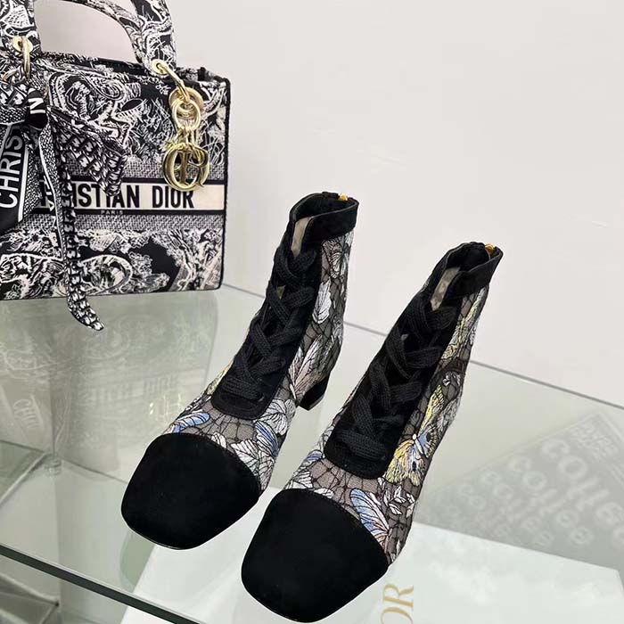 Dior Women CD Naughtily-D Ankle Boot Mesh Embroidered Black Butterfly Metallic Thread Suede Calfskin KCI979BMT_S26X