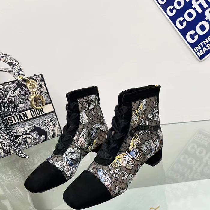 Dior Women CD Naughtily-D Ankle Boot Mesh Embroidered Black Butterfly Metallic Thread Suede Calfskin KCI979BMT_S26X