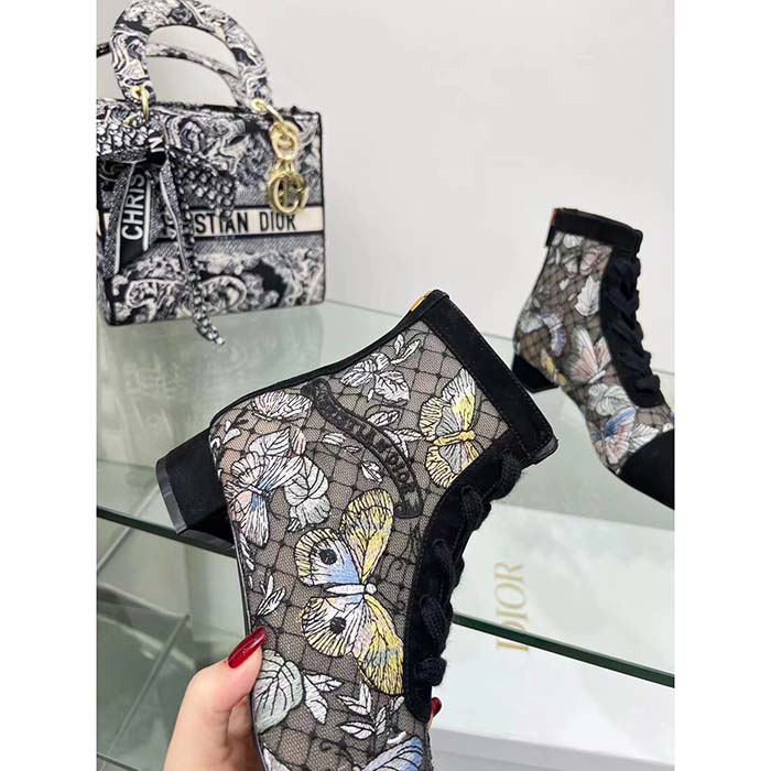 Dior Women CD Naughtily-D Ankle Boot Mesh Embroidered Black Butterfly Metallic Thread Suede Calfskin KCI979BMT_S26X