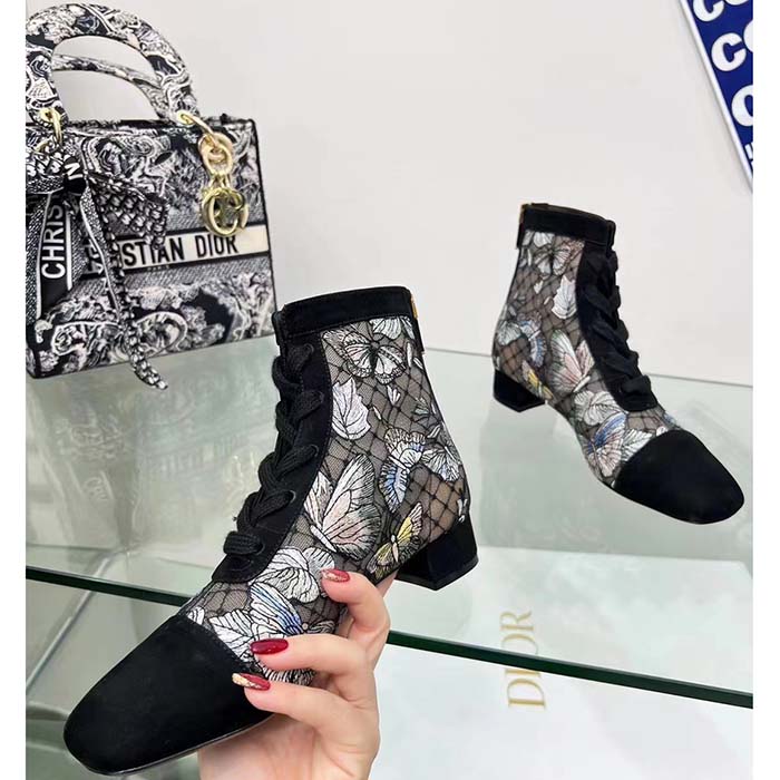 Dior Women CD Naughtily-D Ankle Boot Mesh Embroidered Black Butterfly Metallic Thread Suede Calfskin KCI979BMT_S26X