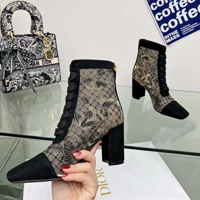 Dior Women CD Naughtily-D Ankle Boot Mesh Embroidered Black Butterfly Metallic Thread Suede Calfskin KCI980BXT_S21X