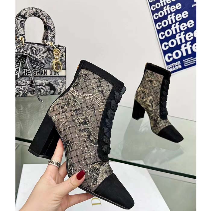 Dior Women CD Naughtily-D Ankle Boot Mesh Embroidered Black Butterfly Metallic Thread Suede Calfskin KCI980BXT_S21X