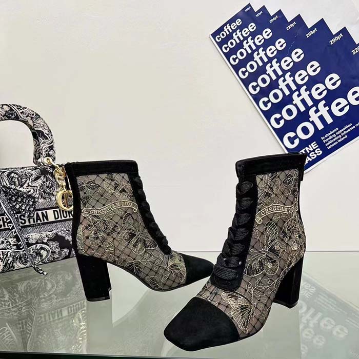 Dior Women CD Naughtily-D Ankle Boot Mesh Embroidered Black Butterfly Metallic Thread Suede Calfskin KCI980BXT_S21X