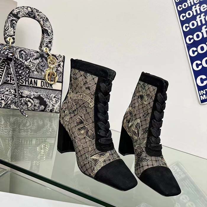Dior Women CD Naughtily-D Ankle Boot Mesh Embroidered Black Butterfly Metallic Thread Suede Calfskin KCI980BXT_S21X