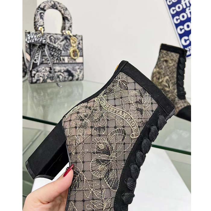 Dior Women CD Naughtily-D Ankle Boot Mesh Embroidered Black Butterfly Metallic Thread Suede Calfskin KCI980BXT_S21X