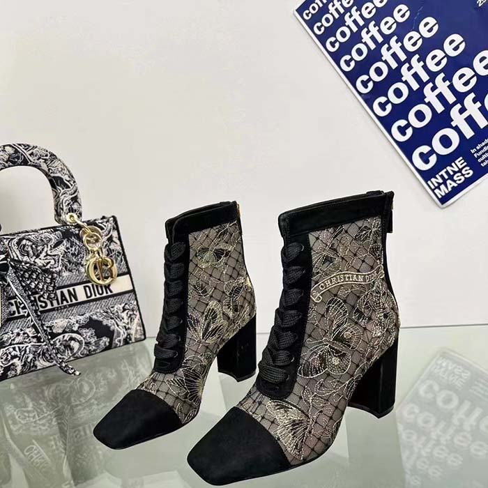 Dior Women CD Naughtily-D Ankle Boot Mesh Embroidered Black Butterfly Metallic Thread Suede Calfskin KCI980BXT_S21X
