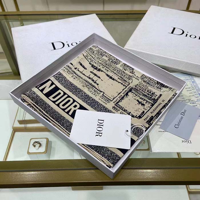 Dior Women CD Plan De Paris 90 Square Scarf Beige Black Silk Twill