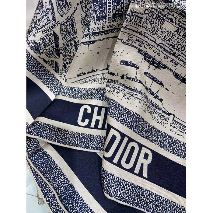 Dior Women CD Plan De Paris 90 Square Scarf Beige Black Silk Twill