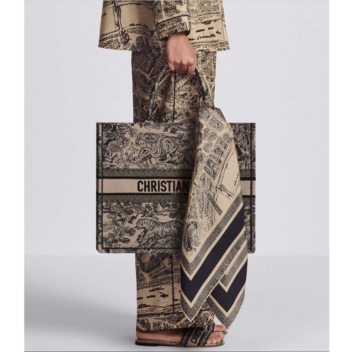 Dior Women CD Plan De Paris 90 Square Scarf Beige Black Silk Twill