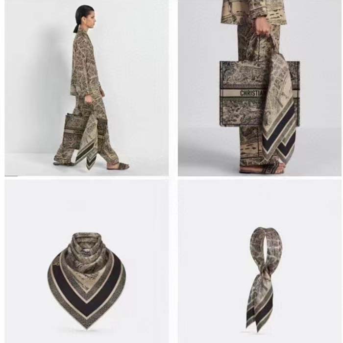 Dior Women CD Plan De Paris 90 Square Scarf Beige Black Silk Twill