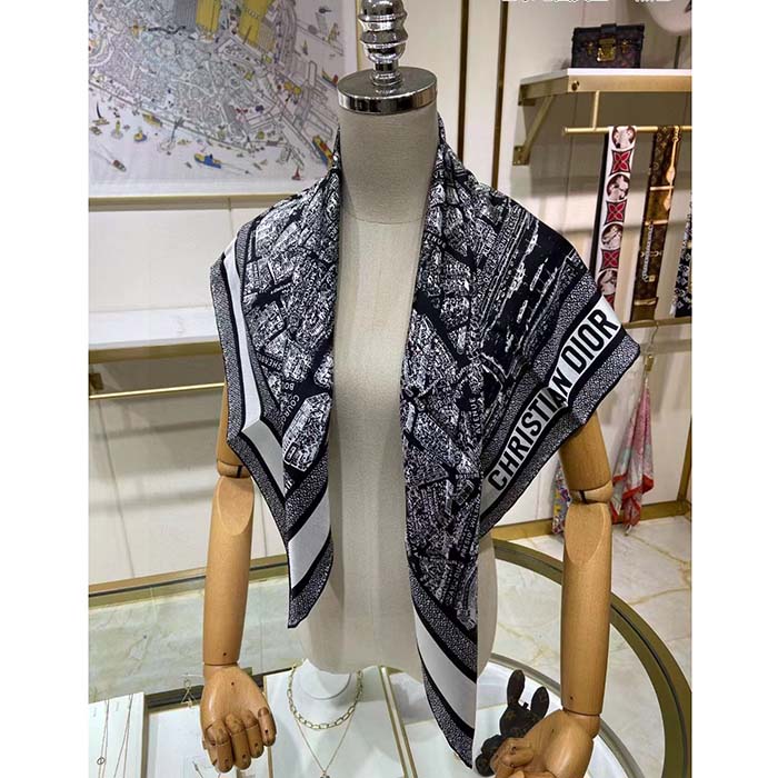 Dior Women CD Plan De Paris 90 Square Scarf Black White Silk Twill