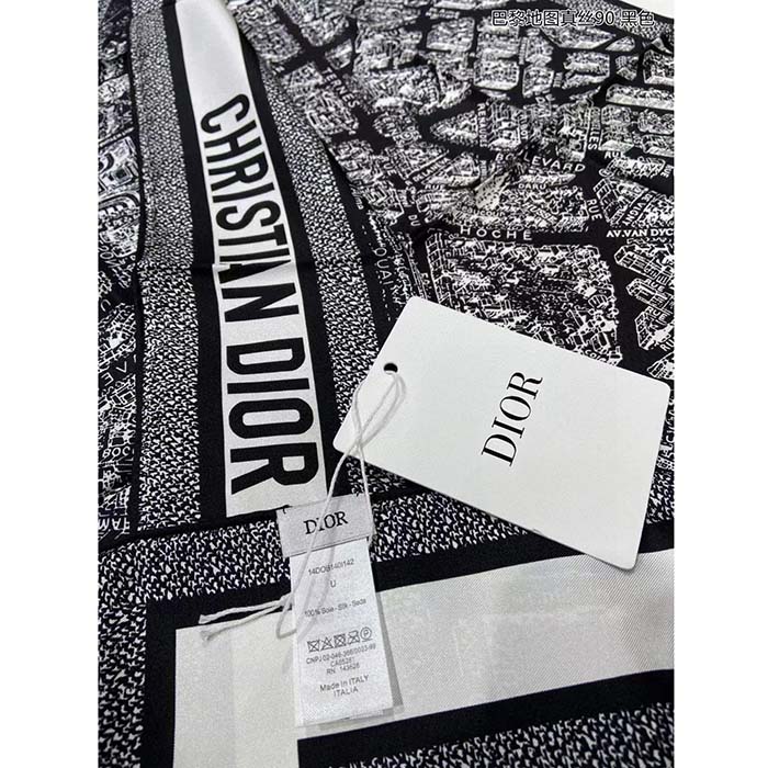 Dior Women CD Plan De Paris 90 Square Scarf Black White Silk Twill