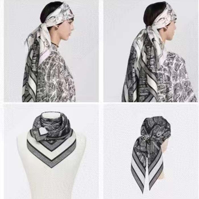 Dior Women CD Plan De Paris 90 Square Scarf Black White Silk Twill