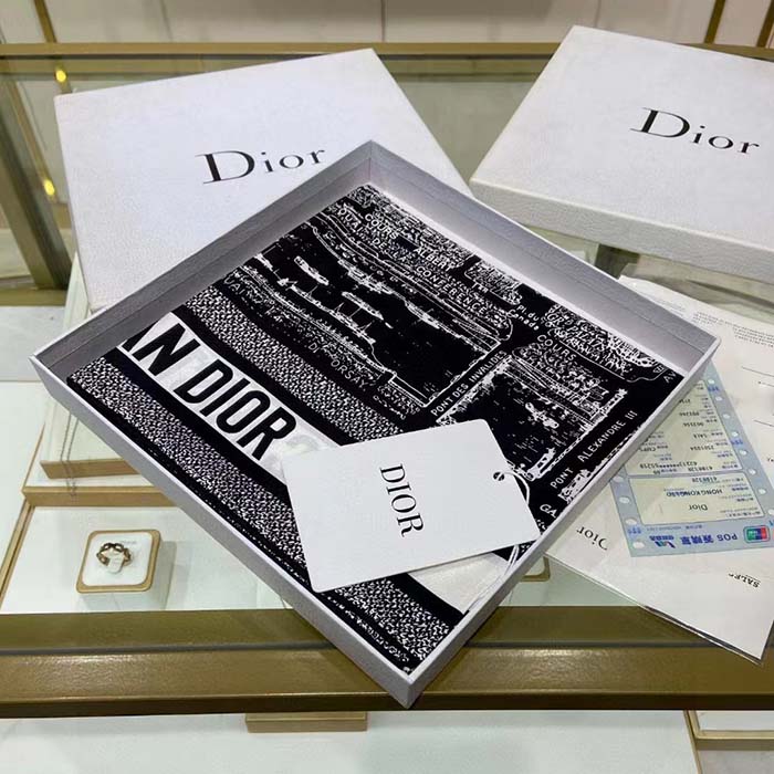 Dior Women CD Plan De Paris 90 Square Scarf Black White Silk Twill