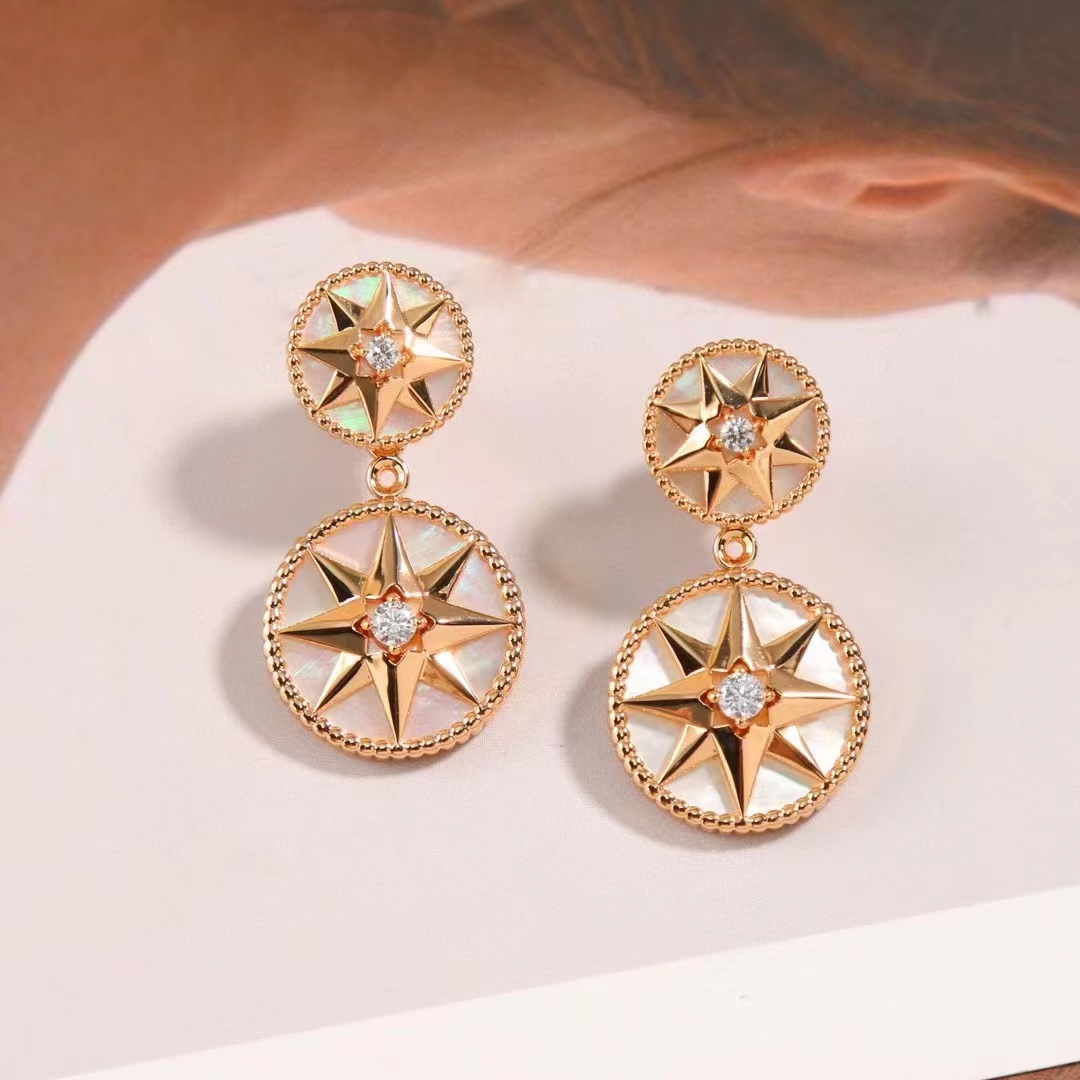 Dior Women CD Rose Des Vents Earring Yellow Gold Diamonds Pearl