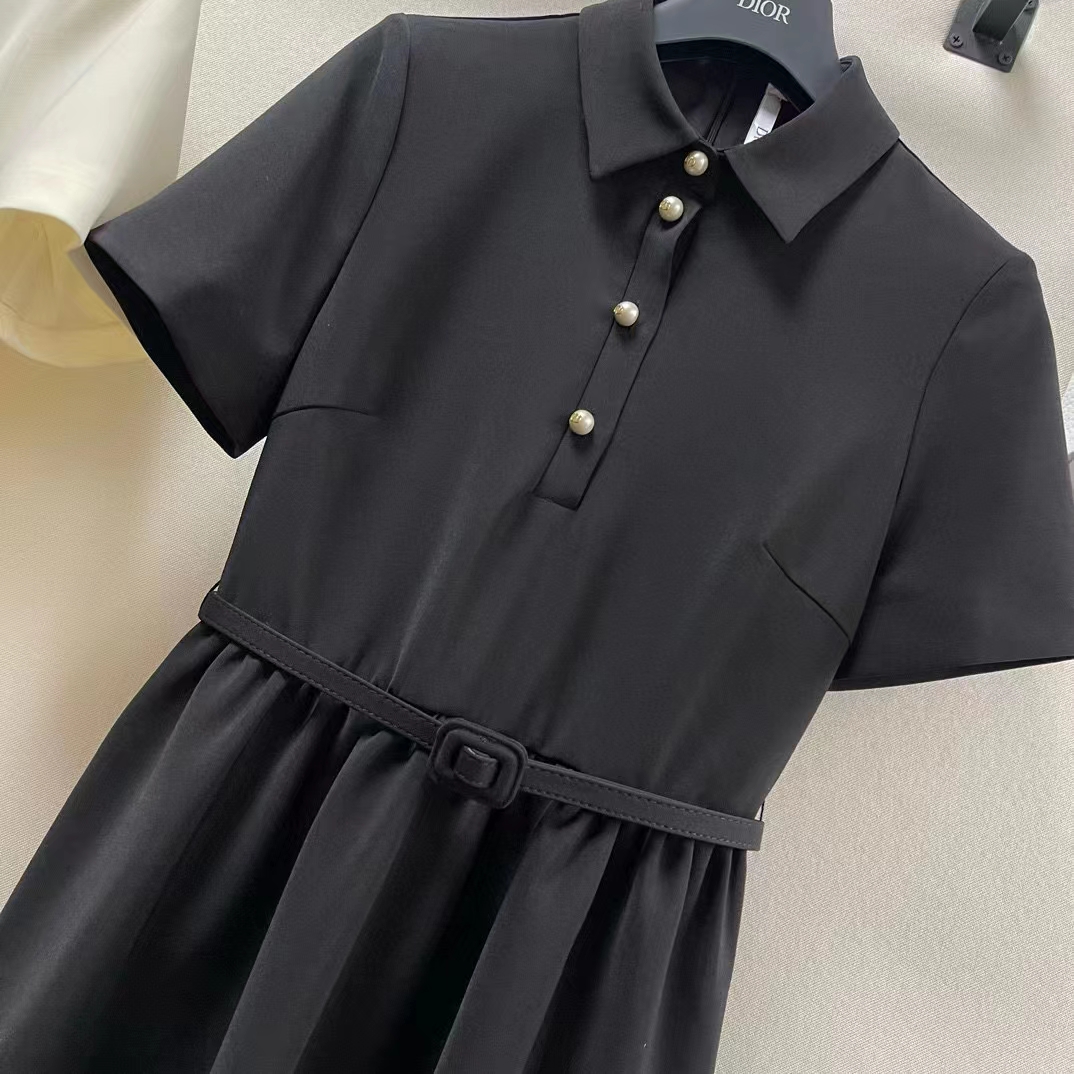 Dior Women CD Short Belted Shirt Dress Black Wool Silk